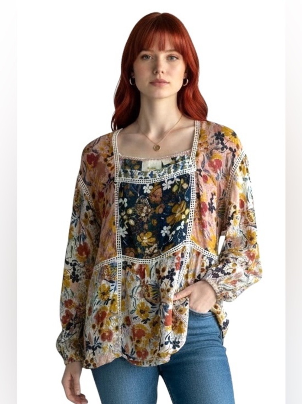 Anthropologie Maeve Nikki Puff Sleeve Patchwork Peasant Blouse Women’s Size S